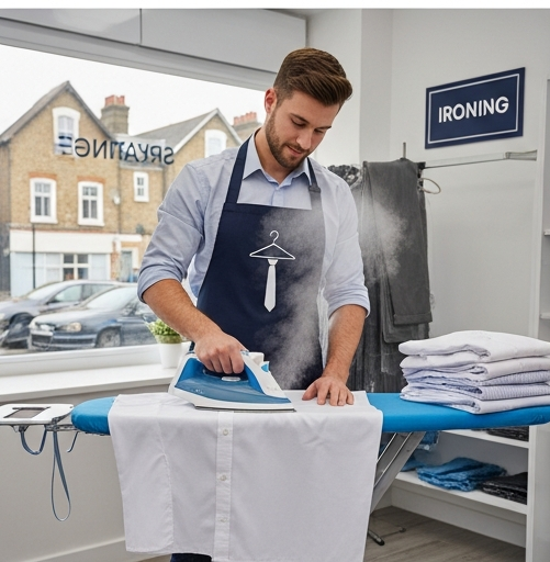 Professional ironing service at The Big Wash Earlsfield location showing staff member steam pressing white shirt with folded laundry and ironing signage in bright storefront window setting.